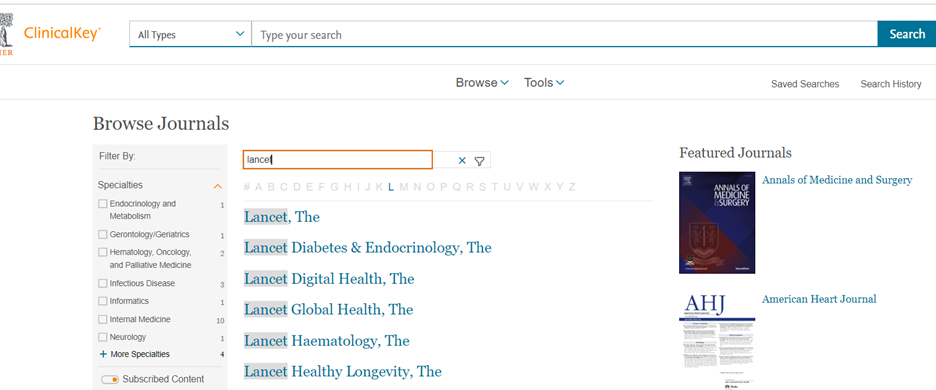 clinicalkey browse journals screen